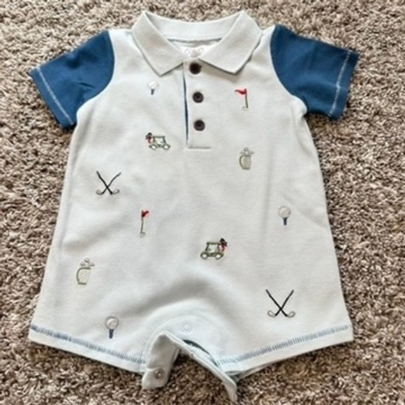 Mud Pie Baby Golf Pique Scruffy Romper 3-6 Months Golf Cart Embroidered - Picture 1 of 6